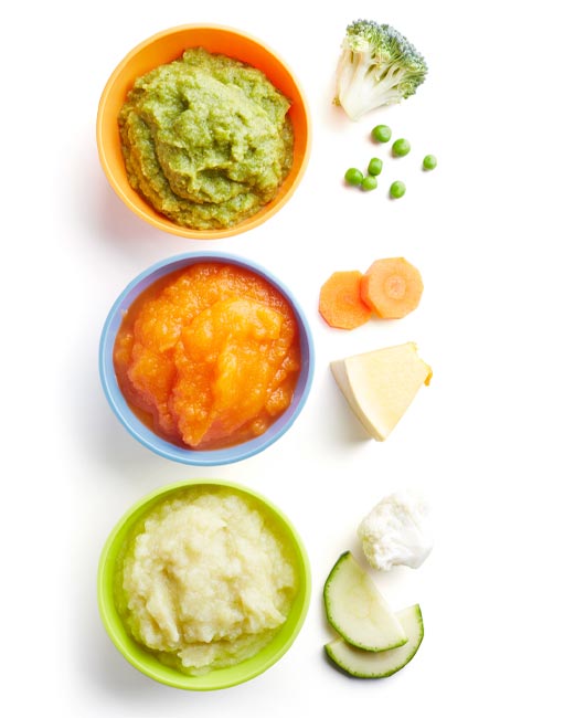 Three bowls of pureed baby food in orange, blue, and green bowls, each with corresponding raw ingredients (broccoli, peas; carrots; apples, zucchini) arranged beside them on a white background.