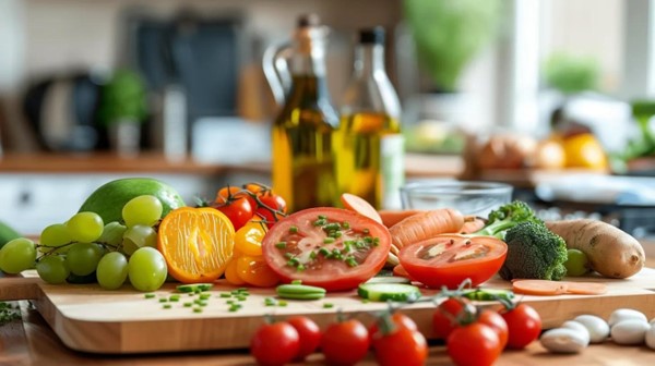 A cutting board with colorful fruits and veggies