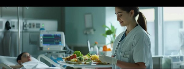 A nurse providing a delicious meal to a patient.