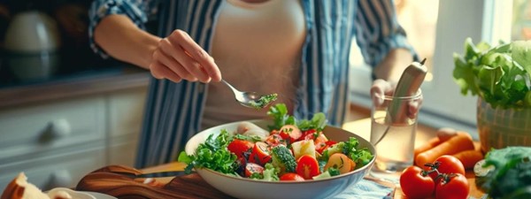 A person preparing a colorful salad.
