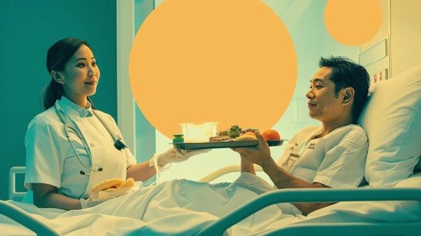 An animated image of a patient being served a meal.