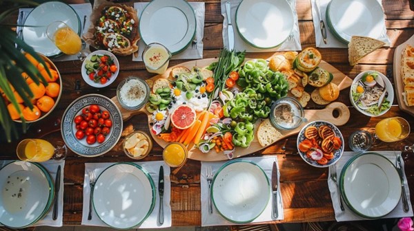 A lovely table setting with a colorful selection of food in the middle