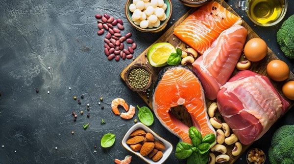 Different foods including fish and eggs