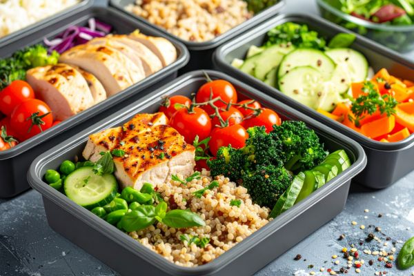 Meal prep containers with grilled chicken, cherry tomatoes, cucumber, broccoli, peas, carrots, leafy greens, and quinoa arranged neatly for a healthy meal.